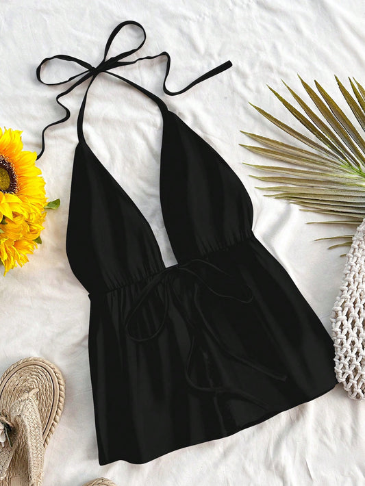 Soleia Women's Casual Halter Neck Black Lace-Up Backless Tank Top, Suitable For Summer Suitable For Going Out