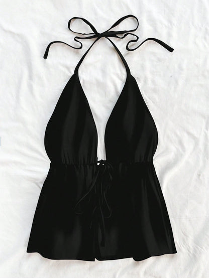 Soleia Women's Casual Halter Neck Black Lace-Up Backless Tank Top, Suitable For Summer Suitable For Going Out