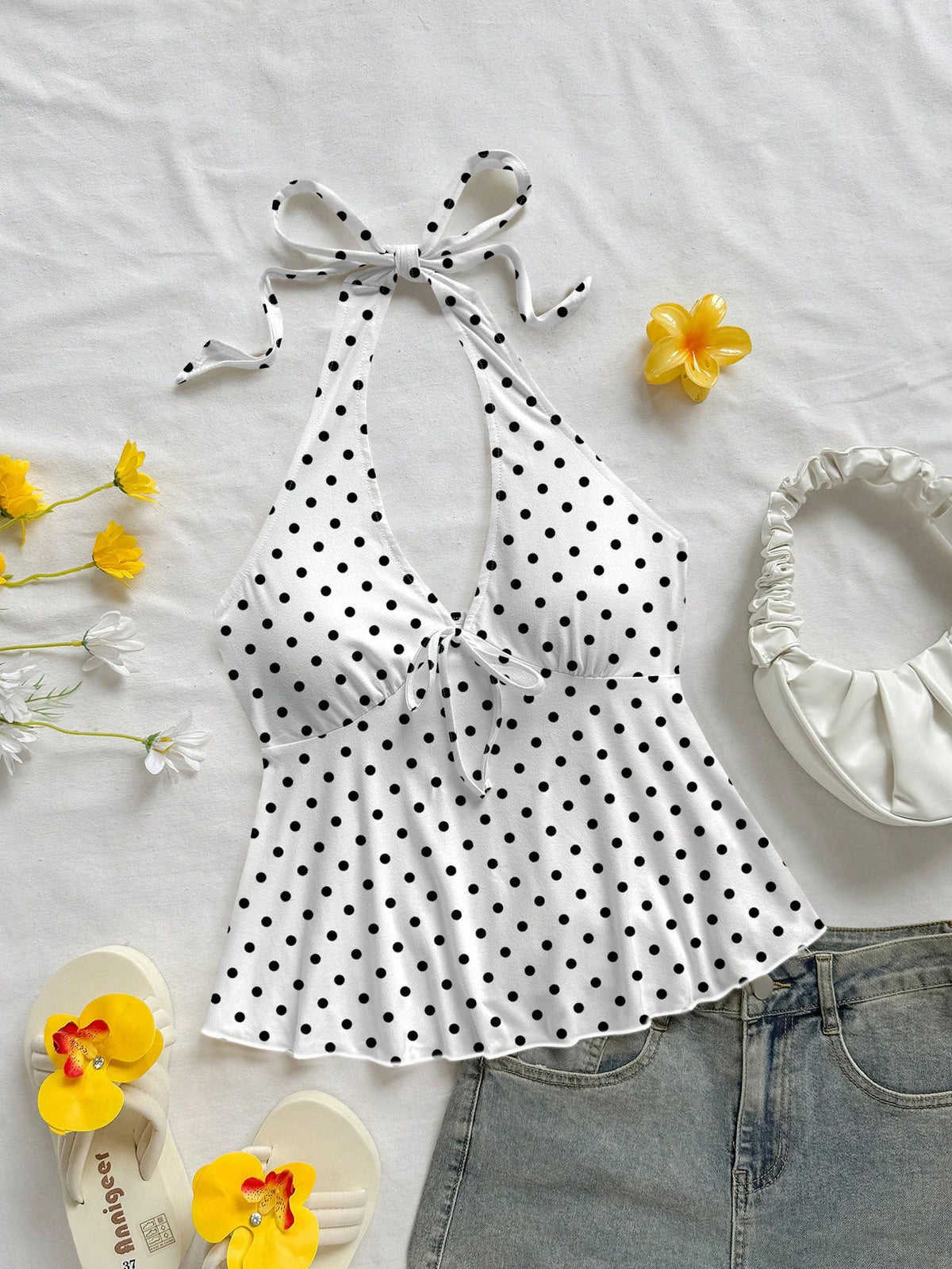 Soleia Women's Casual Vacation V-Neck Bow Tie Halter Neck Backless Babydoll Top, Suitable For Summer