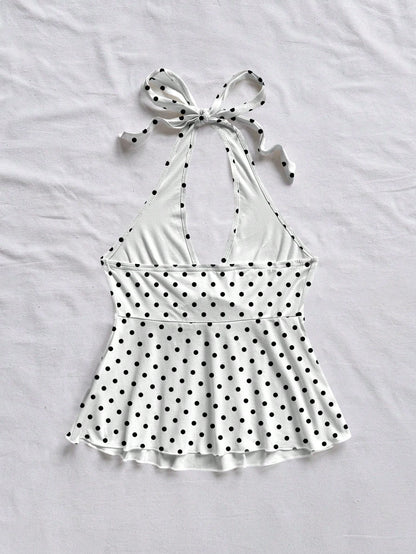 Soleia Women's Casual Vacation V-Neck Bow Tie Halter Neck Backless Babydoll Top, Suitable For Summer