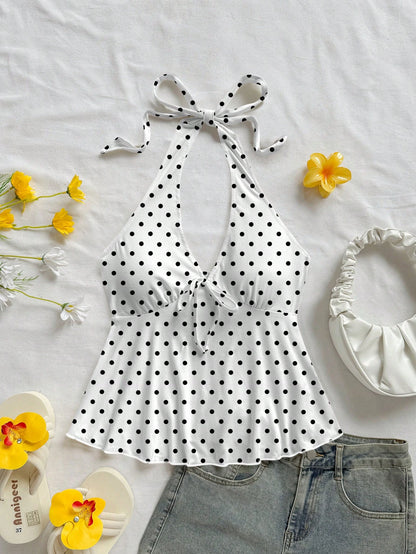 Soleia Women's Casual Vacation V-Neck Bow Tie Halter Neck Backless Babydoll Top, Suitable For Summer