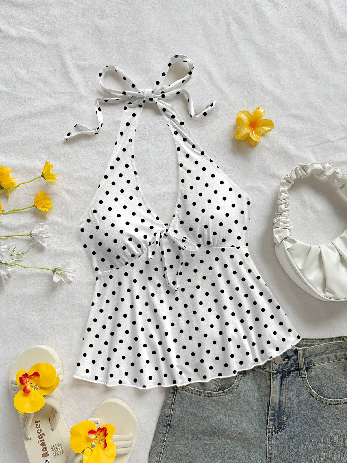 Soleia Women's Casual Vacation V-Neck Bow Tie Halter Neck Backless Babydoll Top, Suitable For Summer