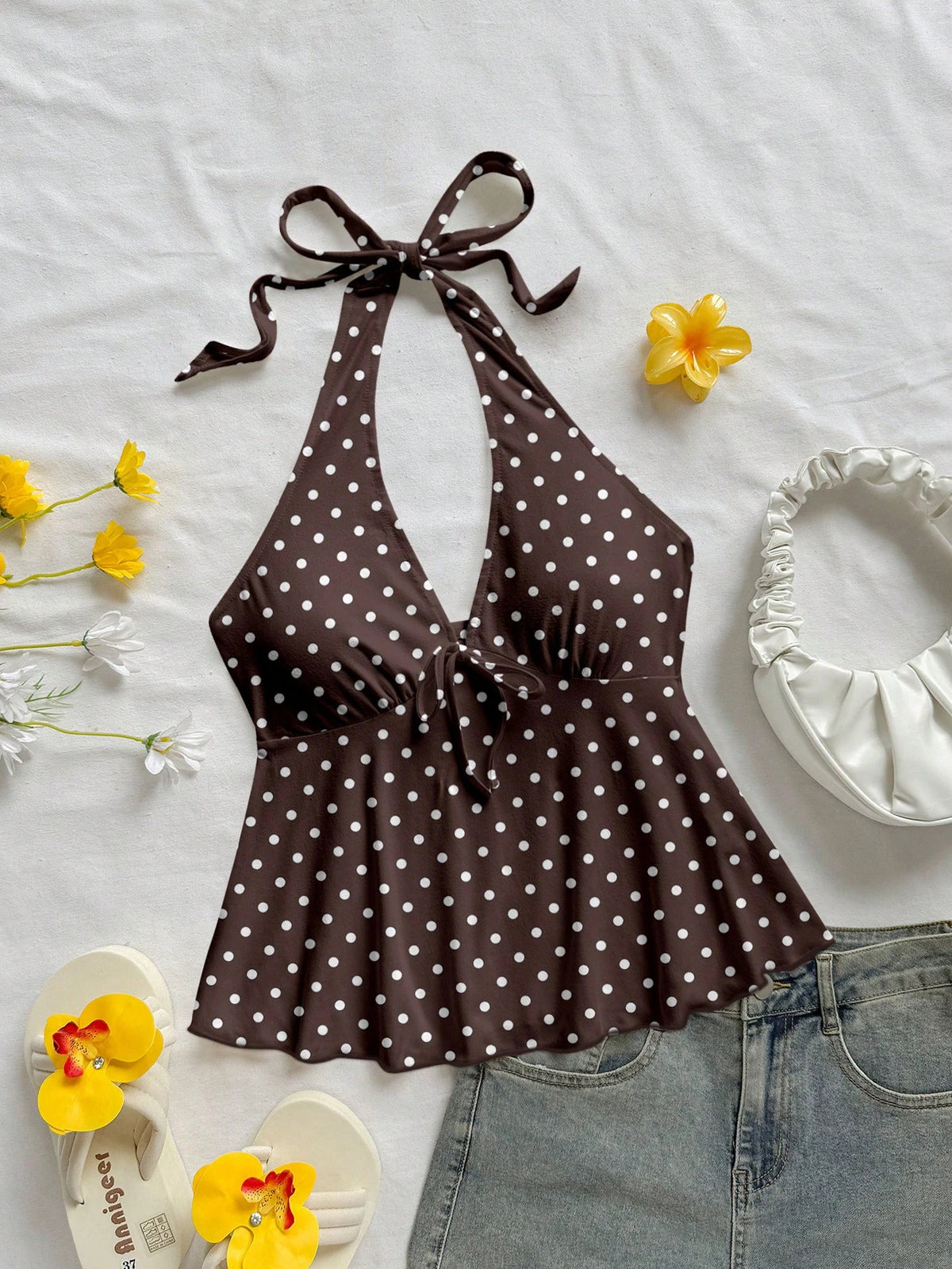 Soleia Women's Casual Vacation V-Neck Bowknot Halter Backless Babydoll Top, Suitable For Summer Vacation Spring
