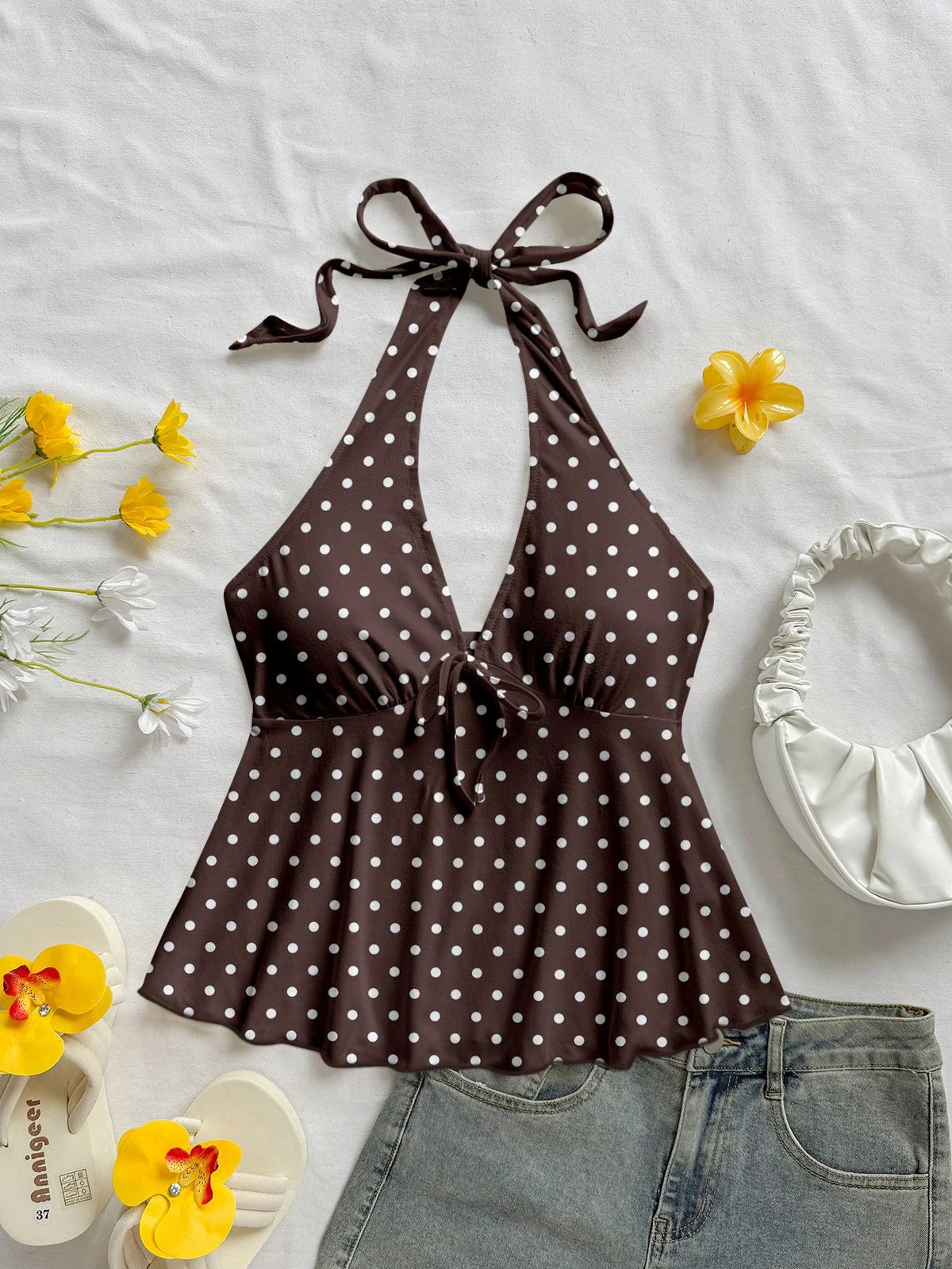 Soleia Women's Casual Vacation V-Neck Bowknot Halter Backless Babydoll Top, Suitable For Summer Vacation Spring