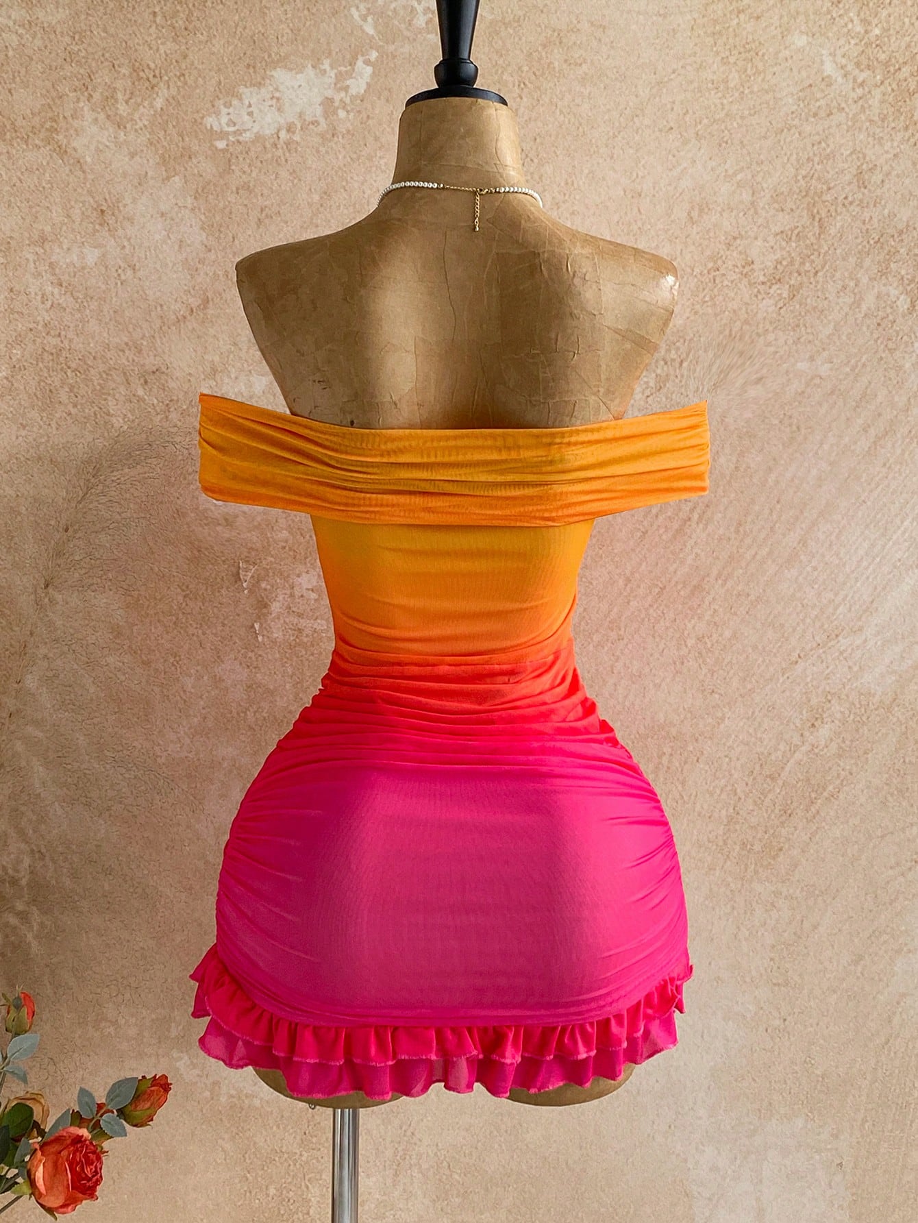 Soleia Women's Elegant Orange And Pink Ruched Off Shoulder Bodycon Ruffle Hem Mini Dress,70s Boho Holiday Party Vacation Birthday Dress No Chest Padding