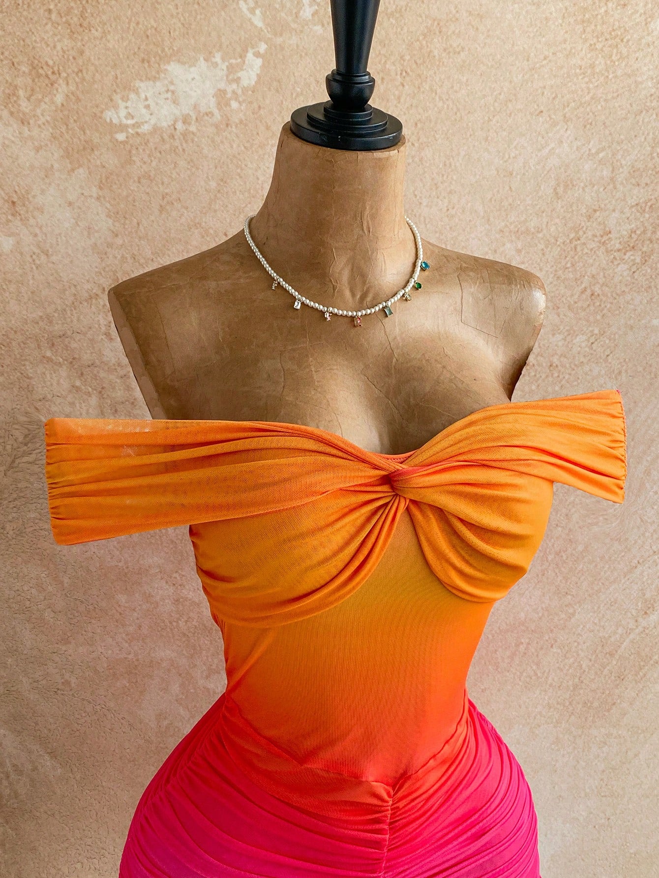 Soleia Women's Elegant Orange And Pink Ruched Off Shoulder Bodycon Ruffle Hem Mini Dress,70s Boho Holiday Party Vacation Birthday Dress No Chest Padding