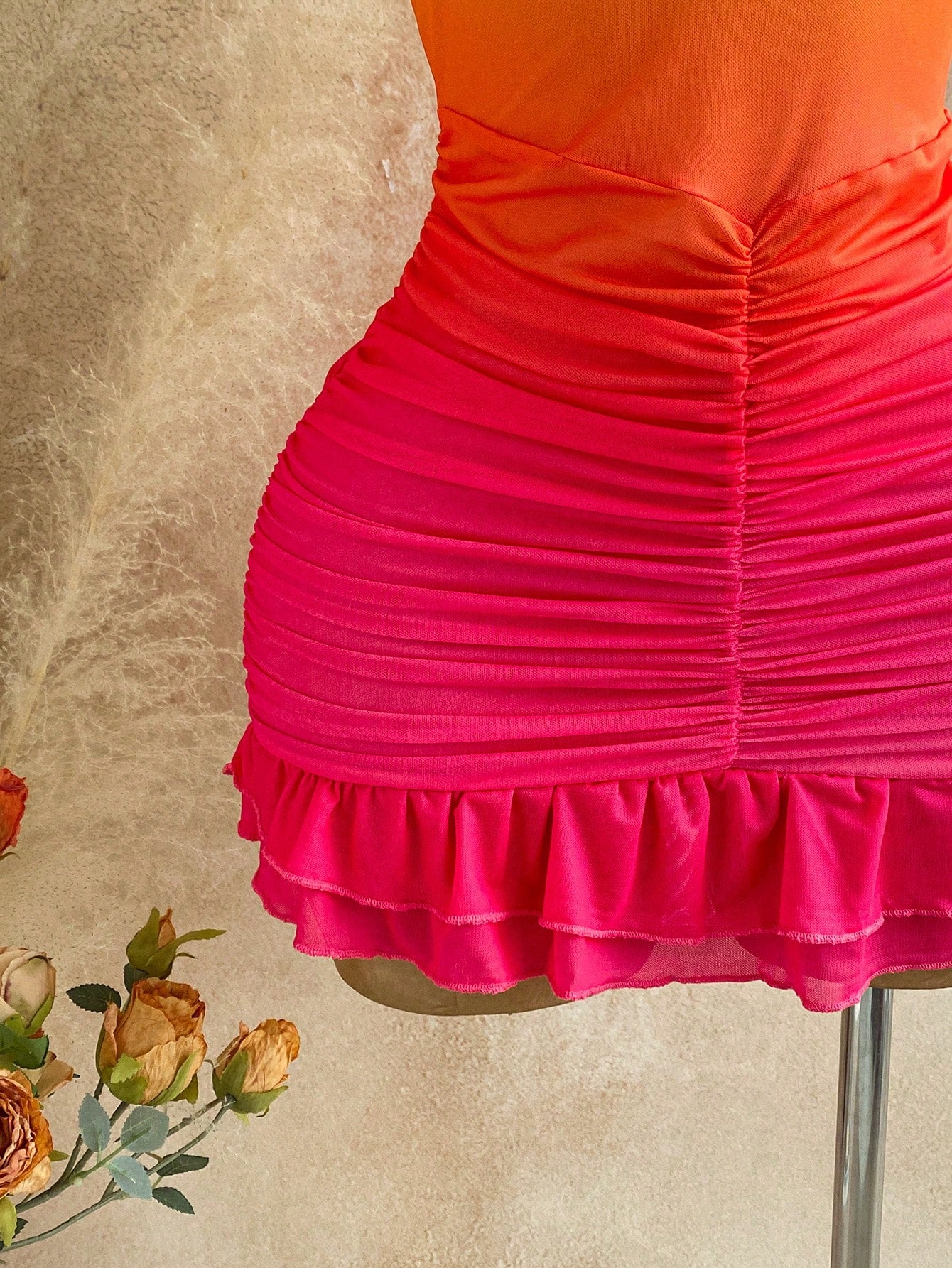 Soleia Women's Elegant Orange And Pink Ruched Off Shoulder Bodycon Ruffle Hem Mini Dress,70s Boho Holiday Party Vacation Birthday Dress No Chest Padding