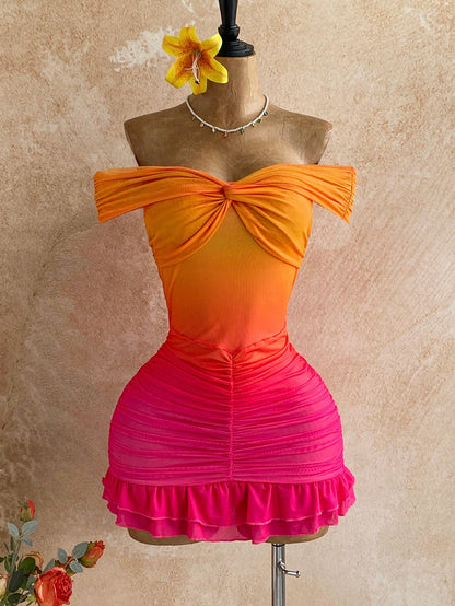Soleia Women's Elegant Orange And Pink Ruched Off Shoulder Bodycon Ruffle Hem Mini Dress,70s Boho Holiday Party Vacation Birthday Dress No Chest Padding