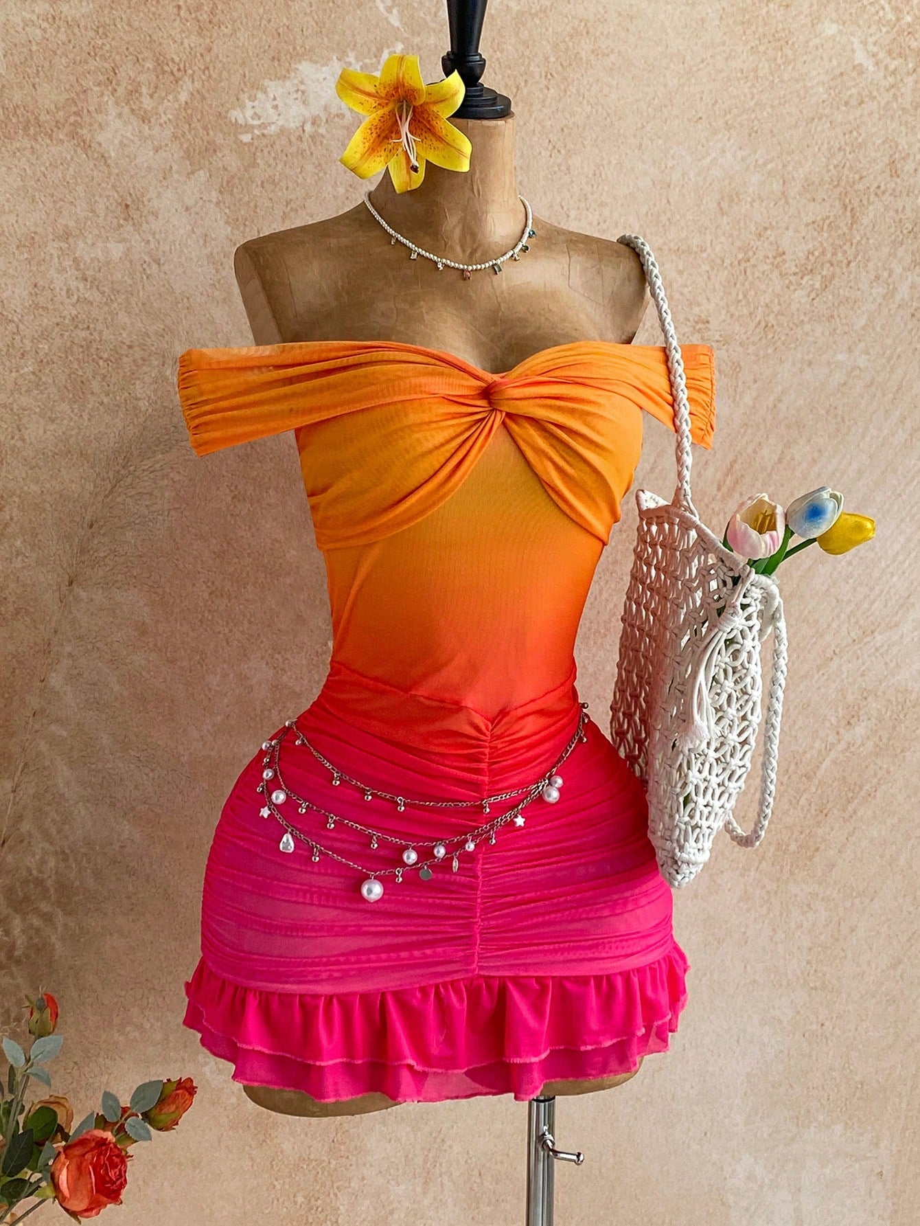 Soleia Women's Elegant Orange And Pink Ruched Off Shoulder Bodycon Ruffle Hem Mini Dress,70s Boho Holiday Party Vacation Birthday Dress No Chest Padding