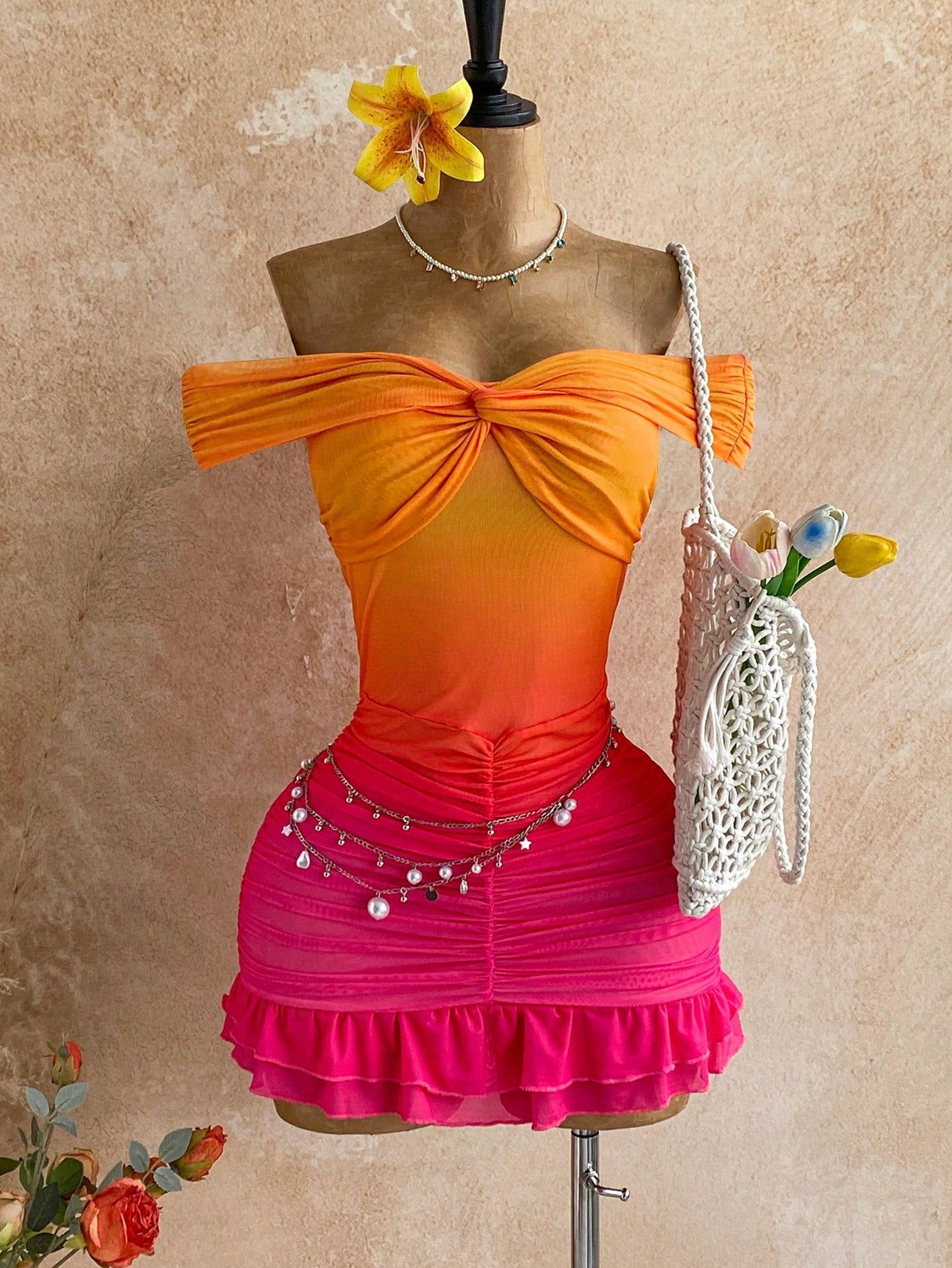 Soleia Women's Elegant Orange And Pink Ruched Off Shoulder Bodycon Ruffle Hem Mini Dress,70s Boho Holiday Party Vacation Birthday Dress No Chest Padding