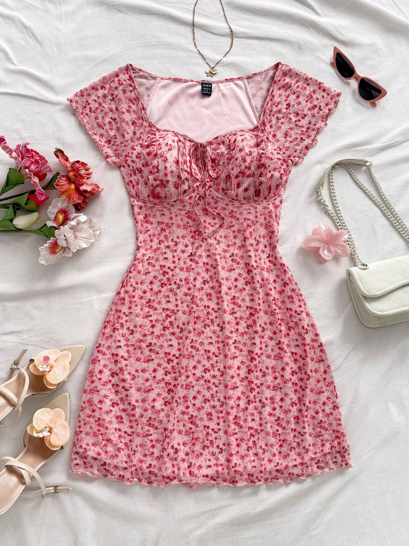 Soleia Women's Floral Printed Belted Ruffle Sleeve Dress,Pastel Dresses For Women
