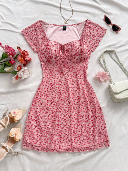 Soleia Women's Floral Printed Belted Ruffle Sleeve Dress,Pastel Dresses For Women