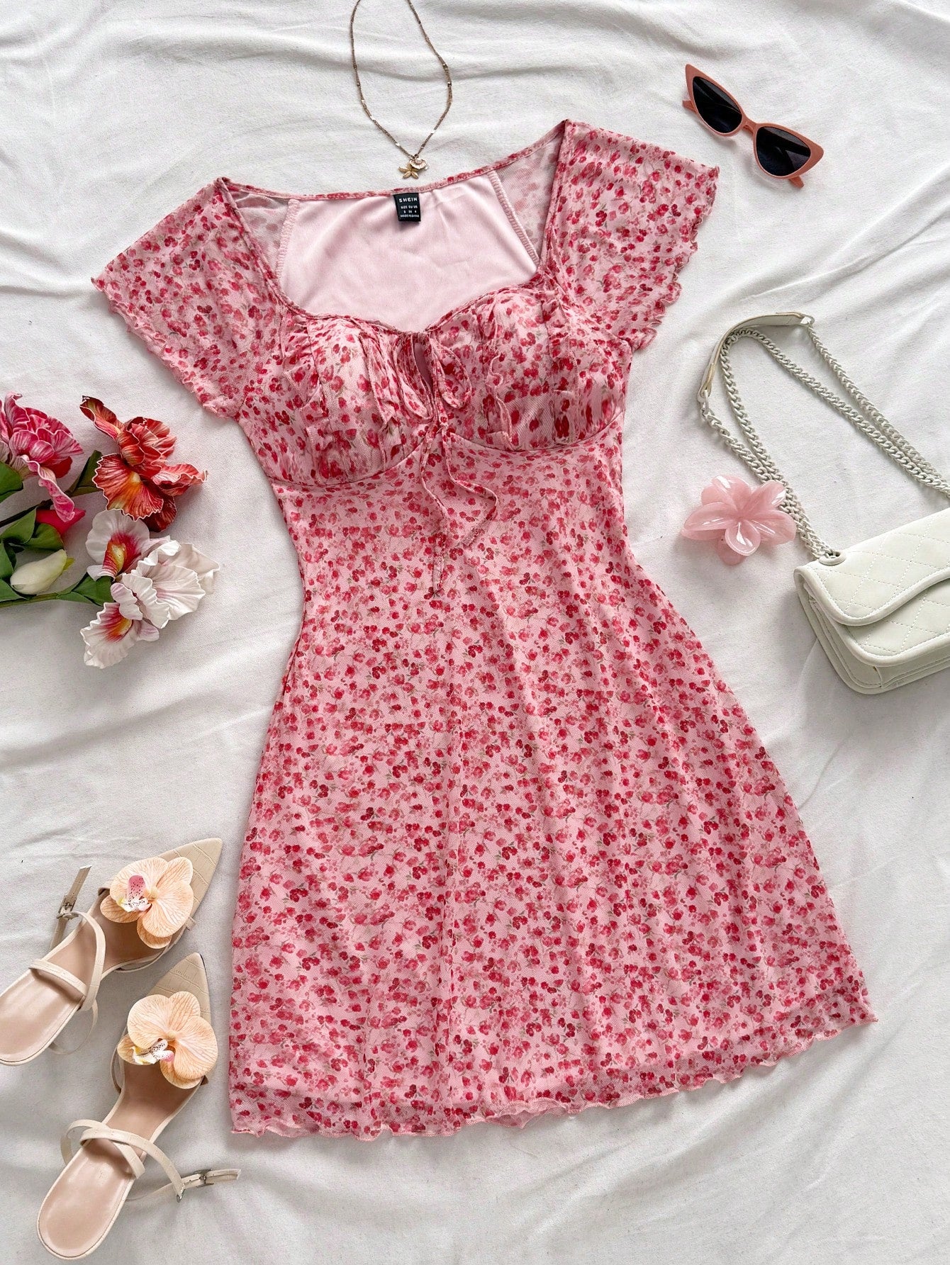 Soleia Women's Floral Printed Belted Ruffle Sleeve Dress,Pastel Dresses For Women