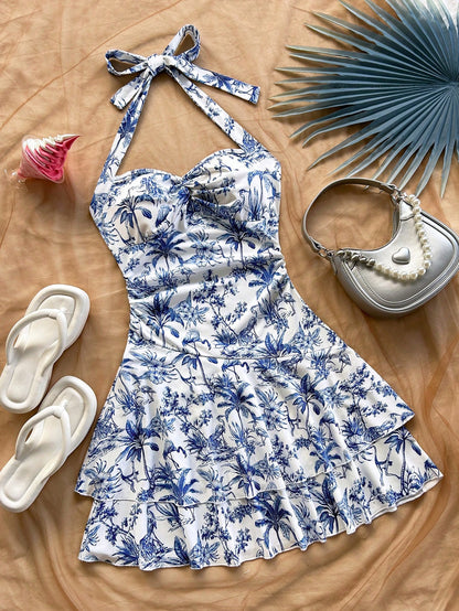 Soleia Women's Halter Mini Dress, Blue White Floral, Coconut Tree Print, For Summer Beach Vacation Vacation,Bohemia Tropical,Summer Dresses For Women