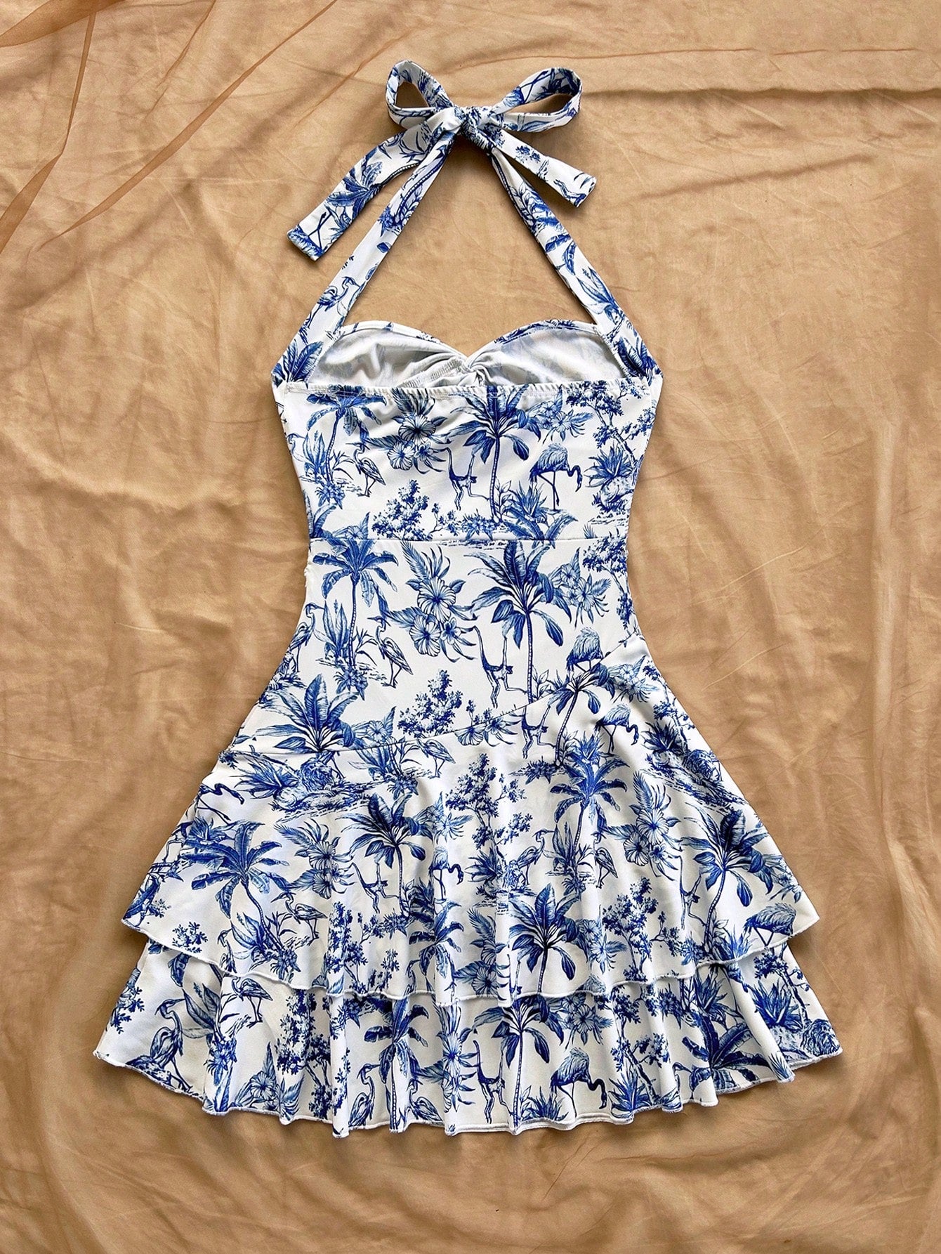 Soleia Women's Halter Mini Dress, Blue White Floral, Coconut Tree Print, For Summer Beach Vacation Vacation,Bohemia Tropical,Summer Dresses For Women