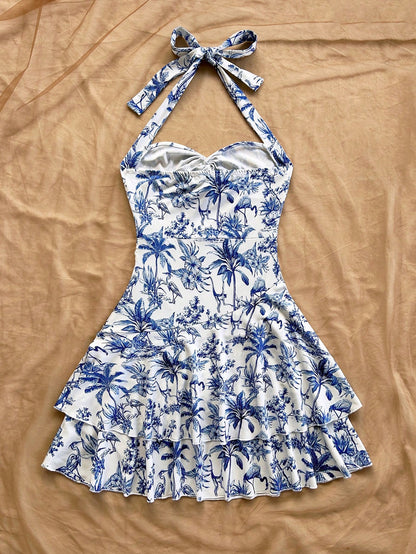 Soleia Women's Halter Mini Dress, Blue White Floral, Coconut Tree Print, For Summer Beach Vacation Vacation,Bohemia Tropical,Summer Dresses For Women