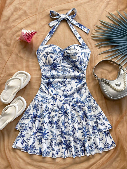 Soleia Women's Halter Mini Dress, Blue White Floral, Coconut Tree Print, For Summer Beach Vacation Vacation,Bohemia Tropical,Summer Dresses For Women