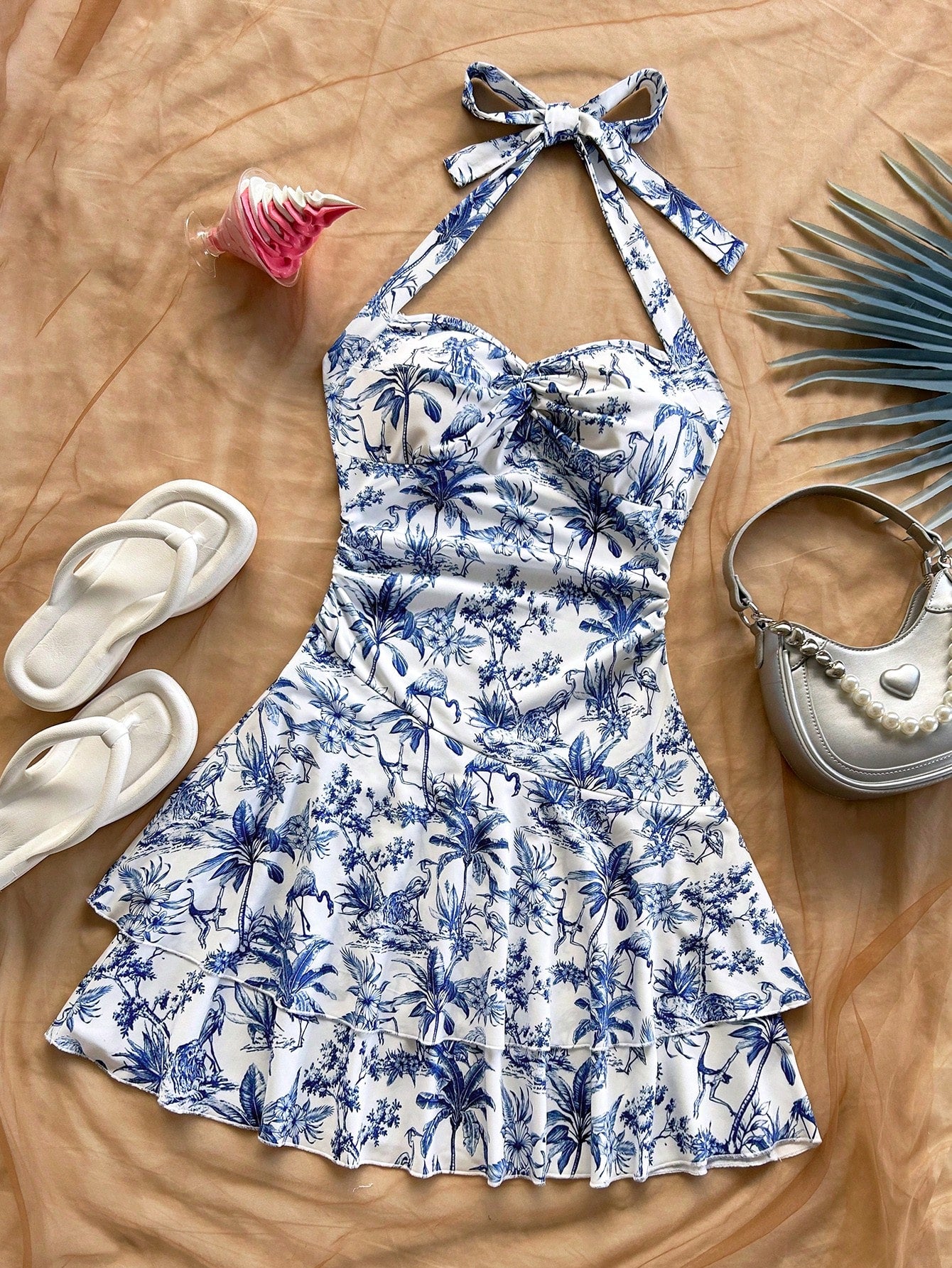 Soleia Women's Halter Mini Dress, Blue White Floral, Coconut Tree Print, For Summer Beach Vacation Vacation,Bohemia Tropical,Summer Dresses For Women