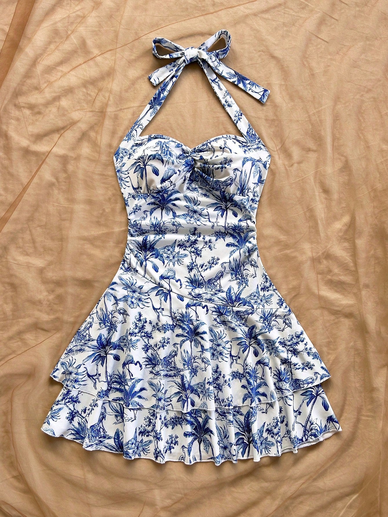 Soleia Women's Halter Mini Dress, Blue White Floral, Coconut Tree Print, For Summer Beach Vacation Vacation,Bohemia Tropical,Summer Dresses For Women