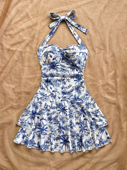 Soleia Women's Halter Mini Dress, Blue White Floral, Coconut Tree Print, For Summer Beach Vacation Vacation,Bohemia Tropical,Summer Dresses For Women