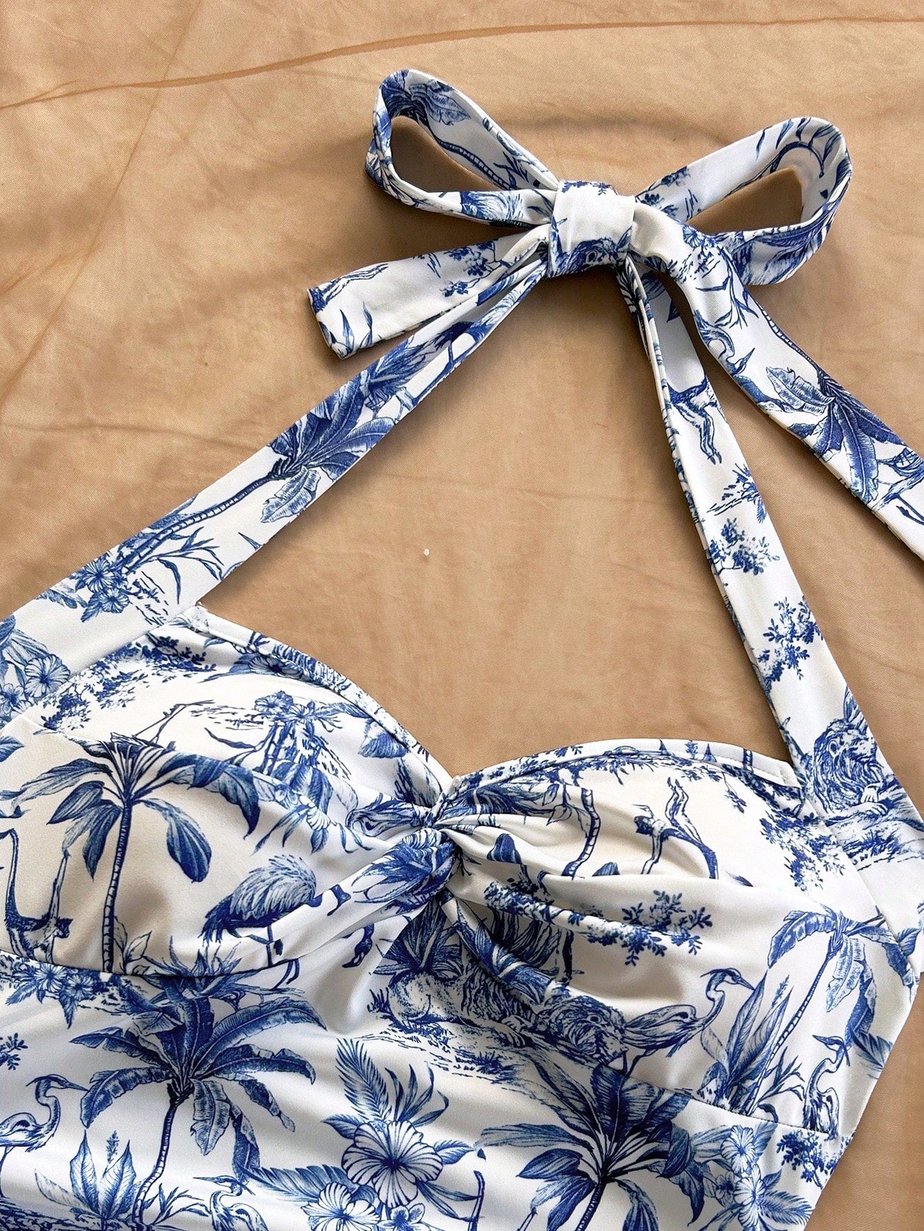 Soleia Women's Halter Mini Dress, Blue White Floral, Coconut Tree Print, For Summer Beach Vacation Vacation,Bohemia Tropical,Summer Dresses For Women