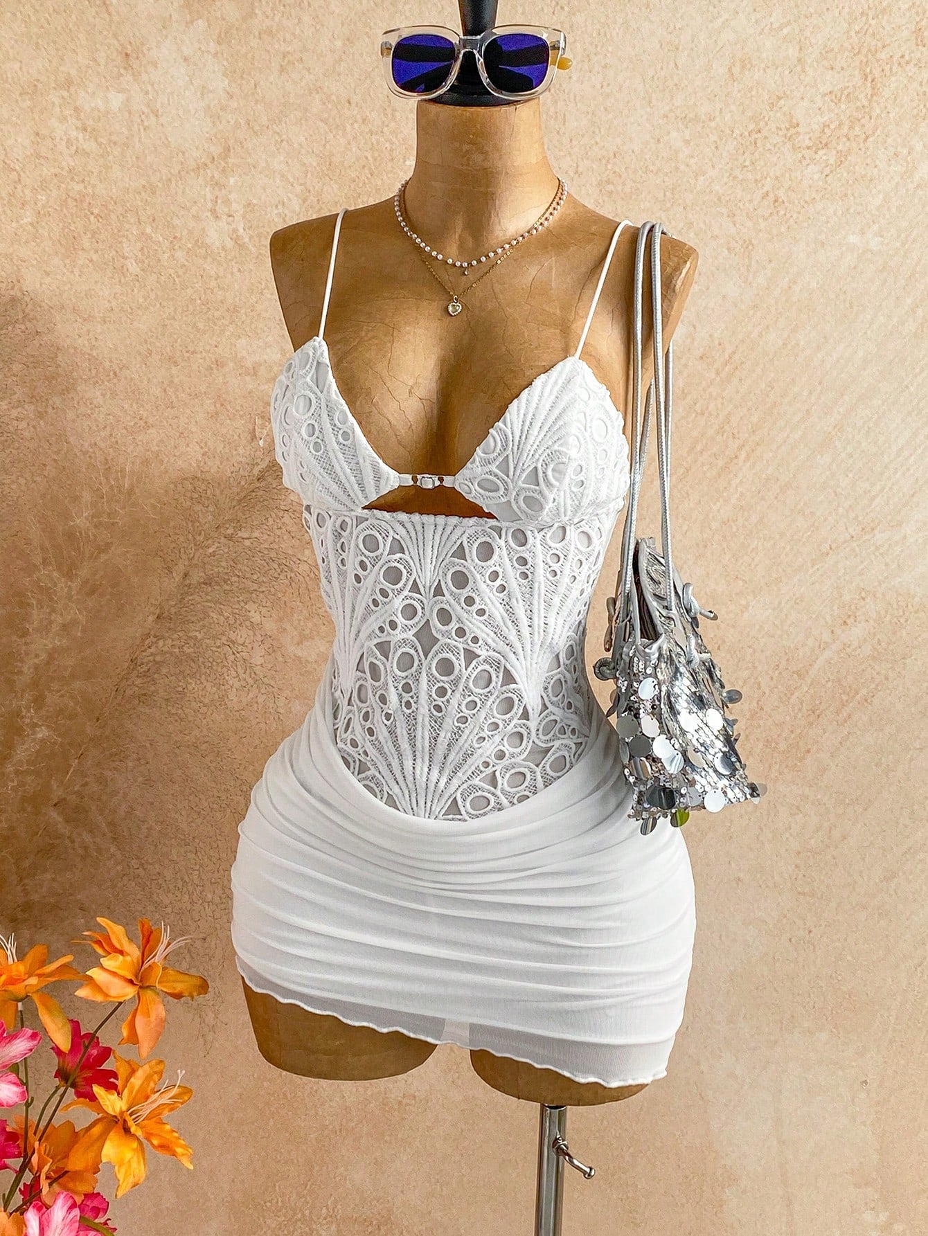 Soleia Women's Hollow Out Ruched Camisole Mini Dress,Summer Dresses For Women,Dresses For Women Summer Vacation White No Chest Padding