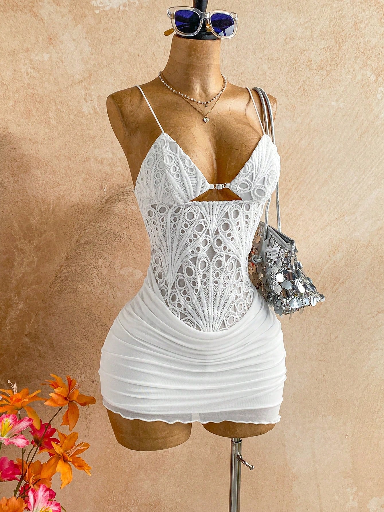 Soleia Women's Hollow Out Ruched Camisole Mini Dress,Summer Dresses For Women,Dresses For Women Summer Vacation White No Chest Padding