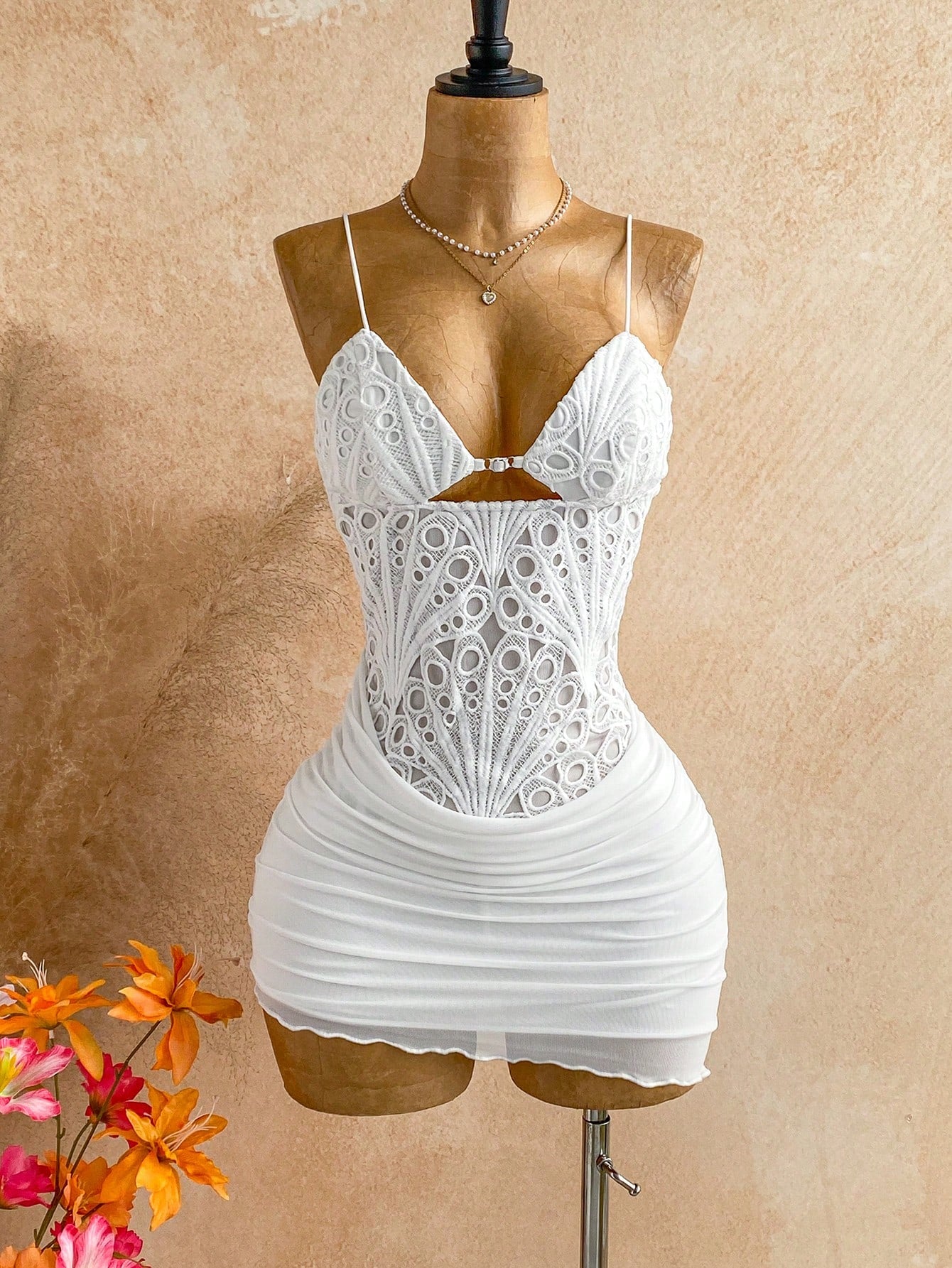 Soleia Women's Hollow Out Ruched Camisole Mini Dress,Summer Dresses For Women,Dresses For Women Summer Vacation White No Chest Padding