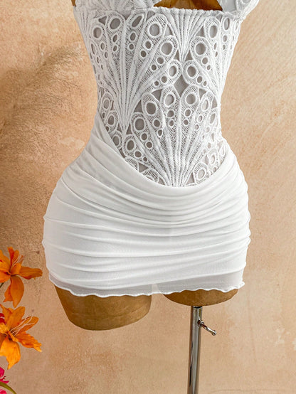 Soleia Women's Hollow Out Ruched Camisole Mini Dress,Summer Dresses For Women,Dresses For Women Summer Vacation White No Chest Padding