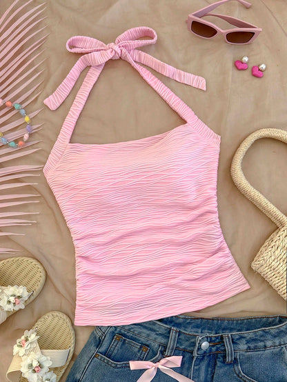 Soleia Women's Resort Halter Neck Textured Knit Bodycon Camisole Pink No Chest Padding