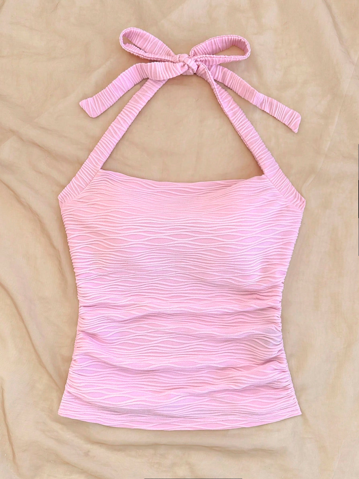 Soleia Women's Resort Halter Neck Textured Knit Bodycon Camisole Pink No Chest Padding