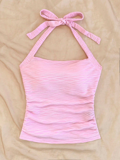 Soleia Women's Resort Halter Neck Textured Knit Bodycon Camisole Pink No Chest Padding