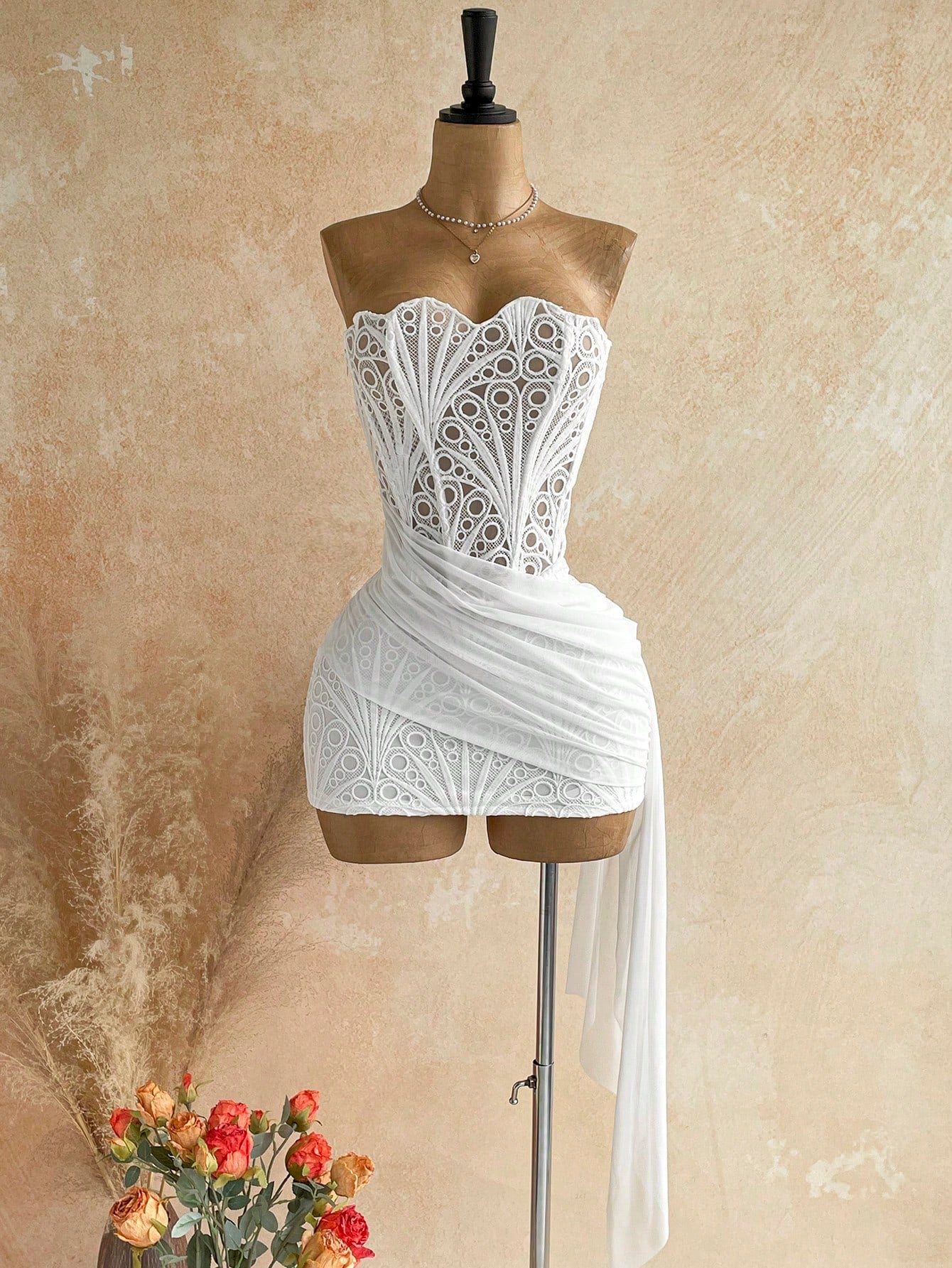 Soleia Women's Sexy Vacation Bandeau Lace Textured Draped Mesh Ruched Bustier Mini Dress, Beach Cruise Vacation, Road Trip City Vacation, Date Afternoon Tea Bohemian, Beach Vacation, Island Vacation O