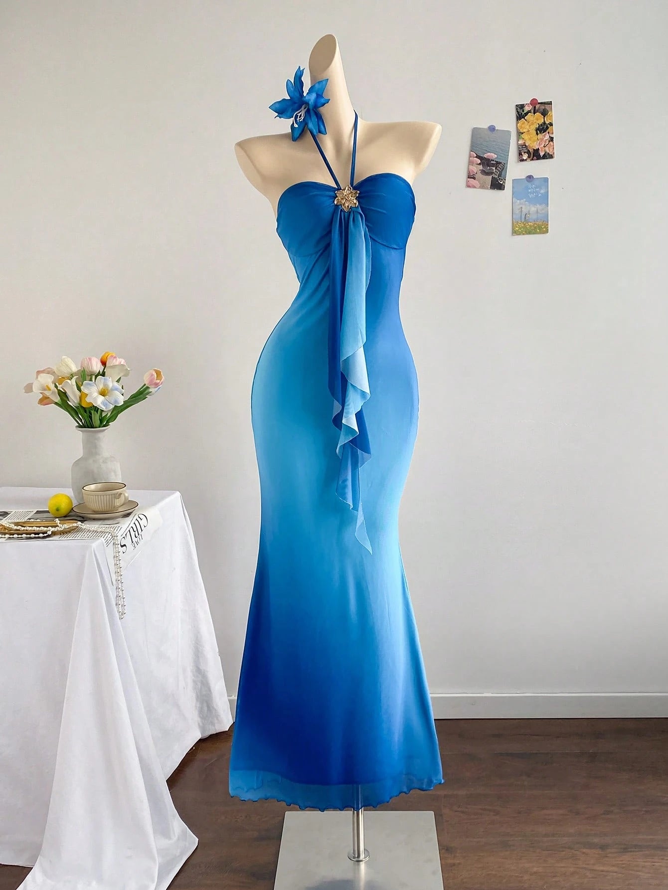 Soleia Women's Sky Blue Elegant Party Night Vacation Knit Mesh Ombre Fitted Halter Tie-Up Metal Buckle Decor Fishtail Maxi Dress, No Chest Padding