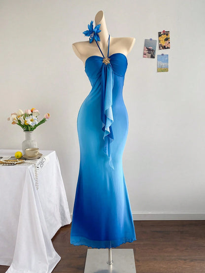 Soleia Women's Sky Blue Elegant Party Night Vacation Knit Mesh Ombre Fitted Halter Tie-Up Metal Buckle Decor Fishtail Maxi Dress, No Chest Padding