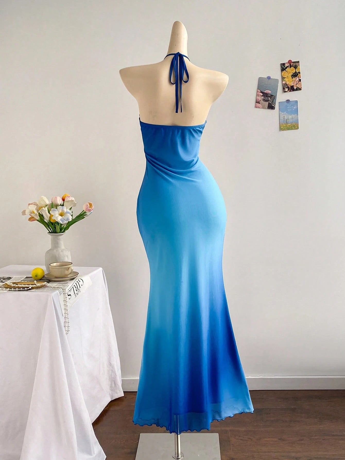 Soleia Women's Sky Blue Elegant Party Night Vacation Knit Mesh Ombre Fitted Halter Tie-Up Metal Buckle Decor Fishtail Maxi Dress, No Chest Padding