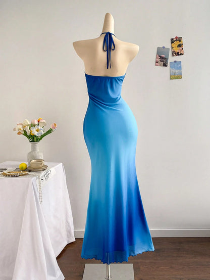 Soleia Women's Sky Blue Elegant Party Night Vacation Knit Mesh Ombre Fitted Halter Tie-Up Metal Buckle Decor Fishtail Maxi Dress, No Chest Padding