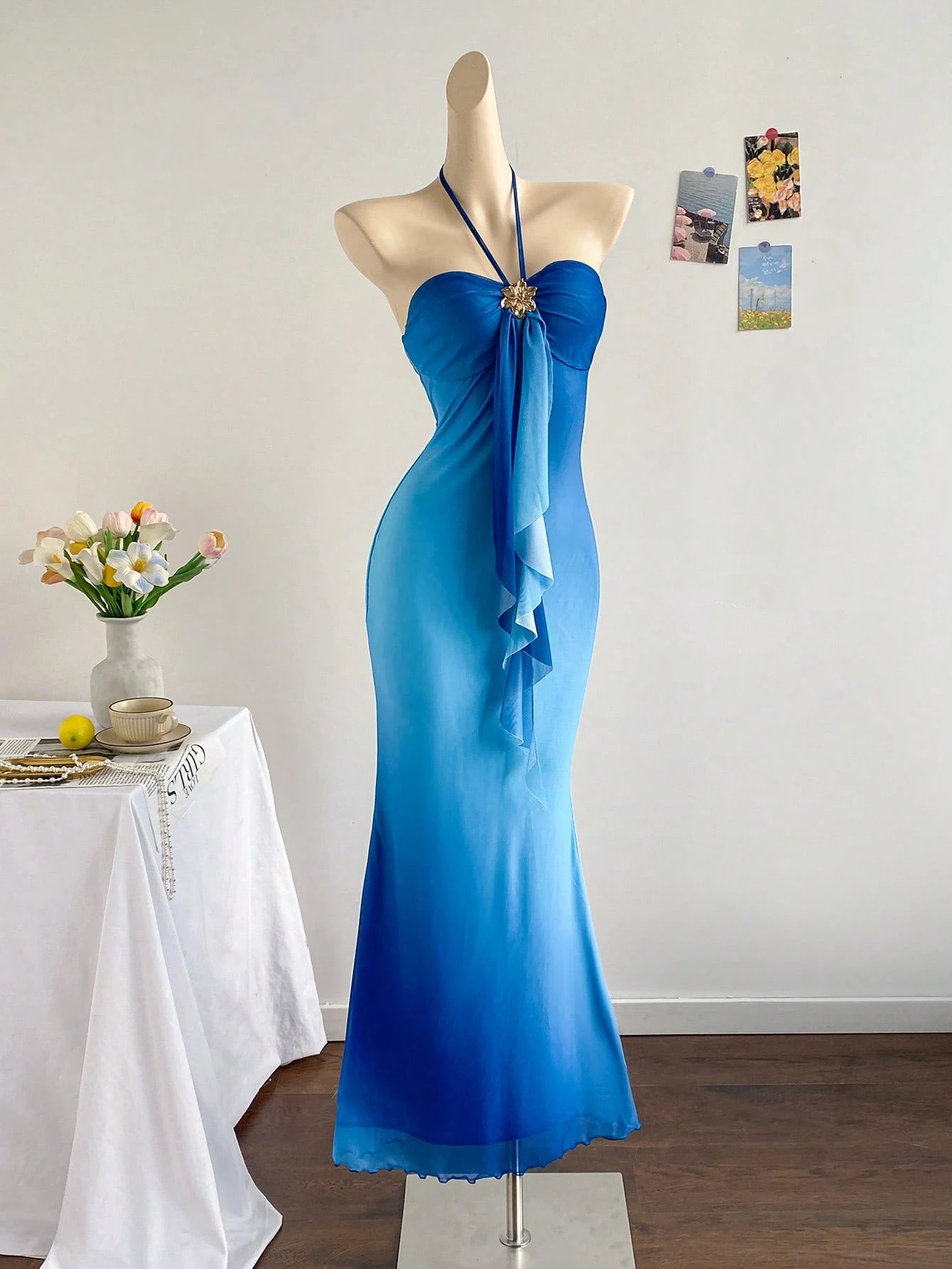 Soleia Women's Sky Blue Elegant Party Night Vacation Knit Mesh Ombre Fitted Halter Tie-Up Metal Buckle Decor Fishtail Maxi Dress, No Chest Padding