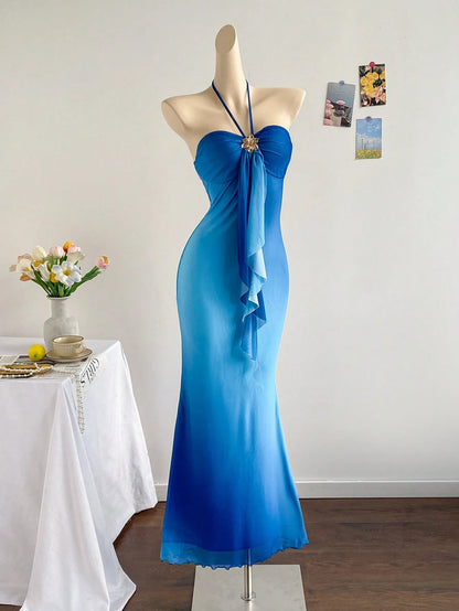 Soleia Women's Sky Blue Elegant Party Night Vacation Knit Mesh Ombre Fitted Halter Tie-Up Metal Buckle Decor Fishtail Maxi Dress, No Chest Padding