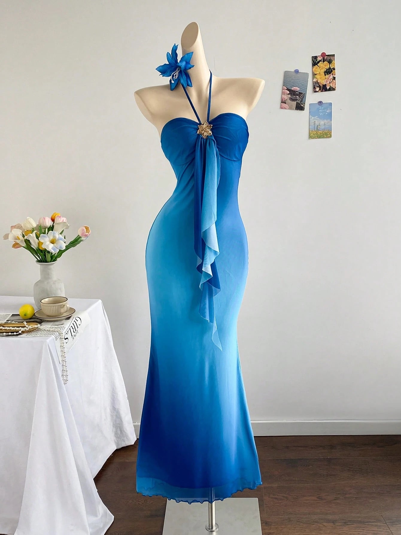 Soleia Women's Sky Blue Elegant Party Night Vacation Knit Mesh Ombre Fitted Halter Tie-Up Metal Buckle Decor Fishtail Maxi Dress, No Chest Padding