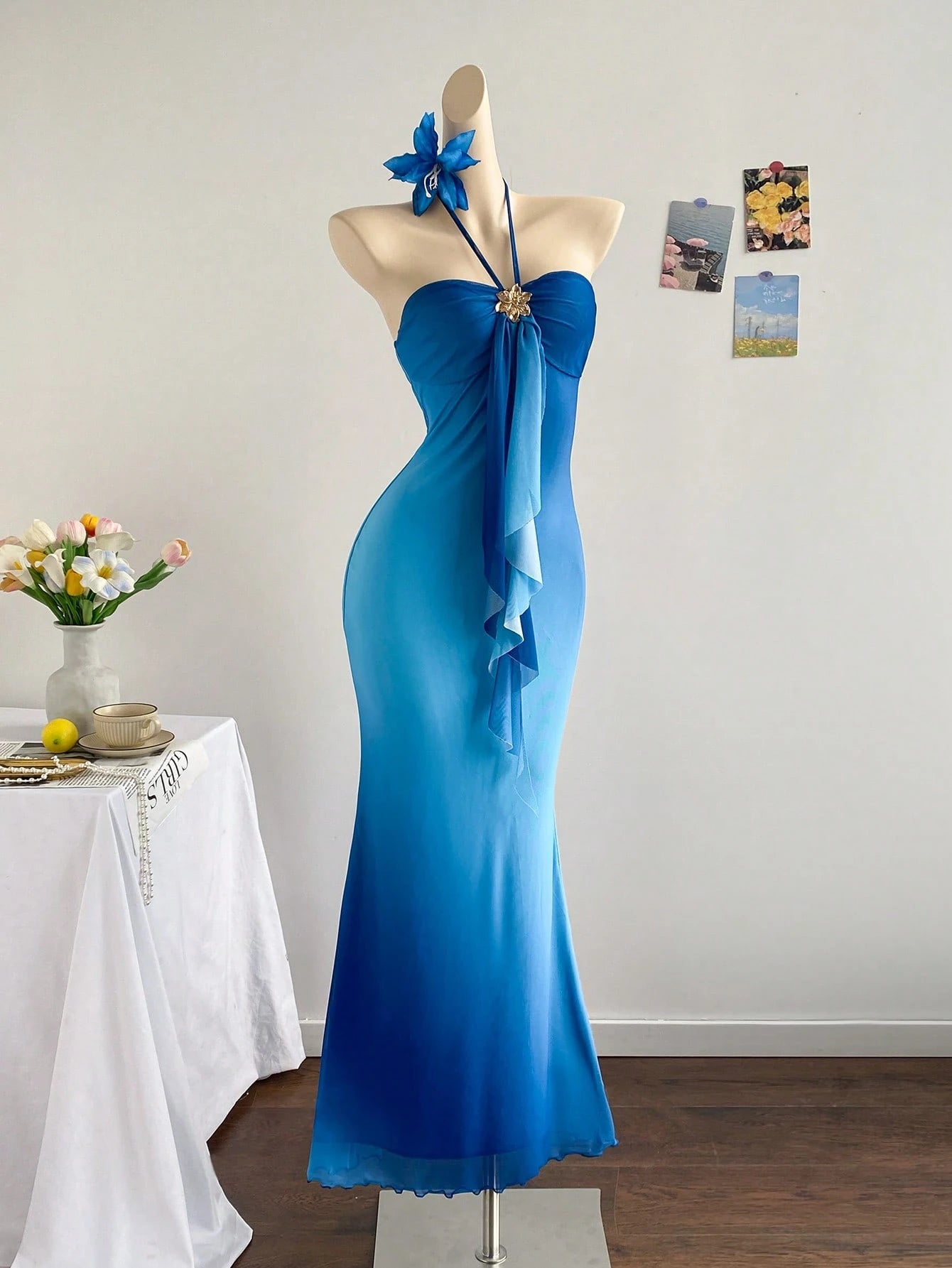 Soleia Women's Sky Blue Elegant Party Night Vacation Knit Mesh Ombre Fitted Halter Tie-Up Metal Buckle Decor Fishtail Maxi Dress, No Chest Padding