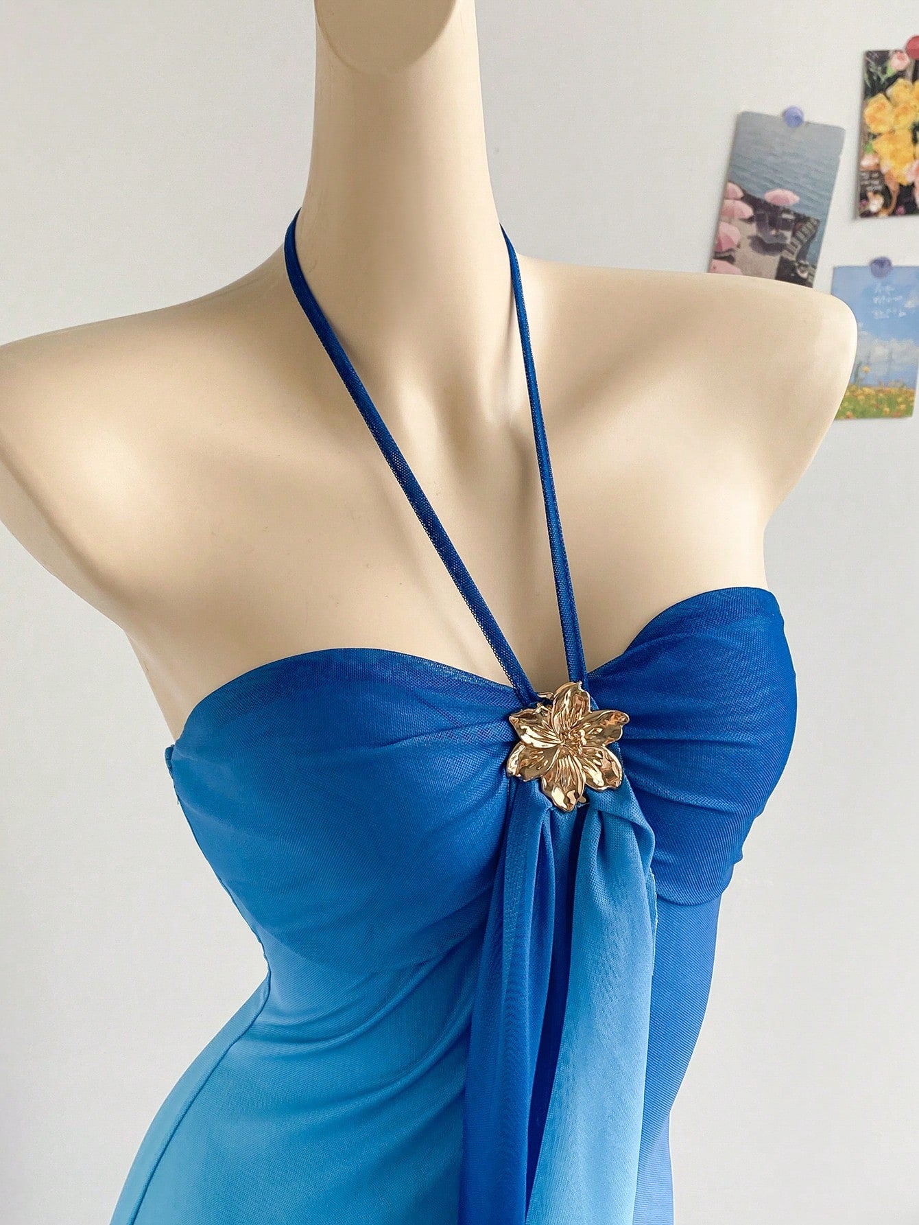 Soleia Women's Sky Blue Elegant Party Night Vacation Knit Mesh Ombre Fitted Halter Tie-Up Metal Buckle Decor Fishtail Maxi Dress, No Chest Padding