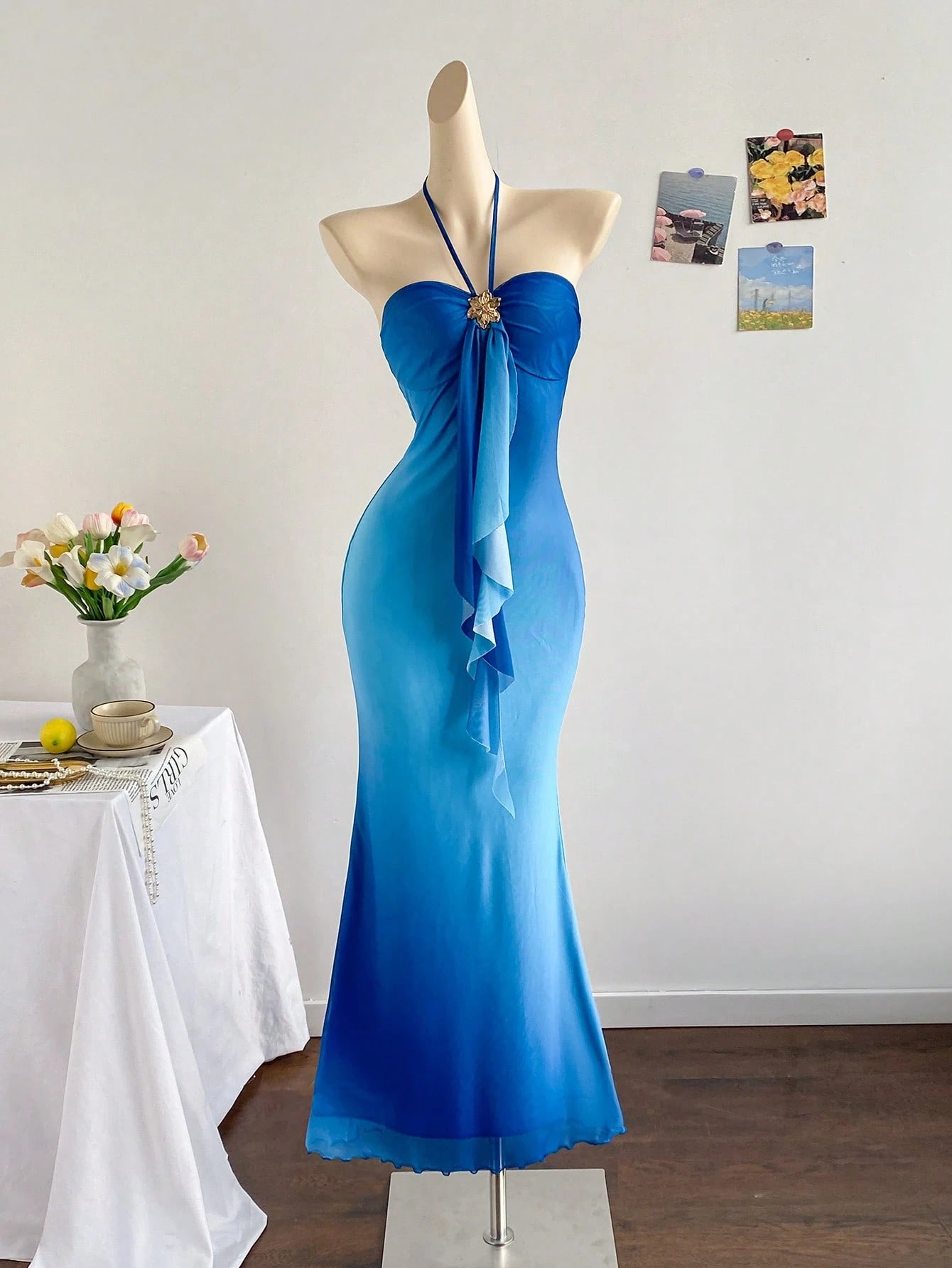 Soleia Women's Sky Blue Elegant Party Night Vacation Knit Mesh Ombre Fitted Halter Tie-Up Metal Buckle Decor Fishtail Maxi Dress, No Chest Padding