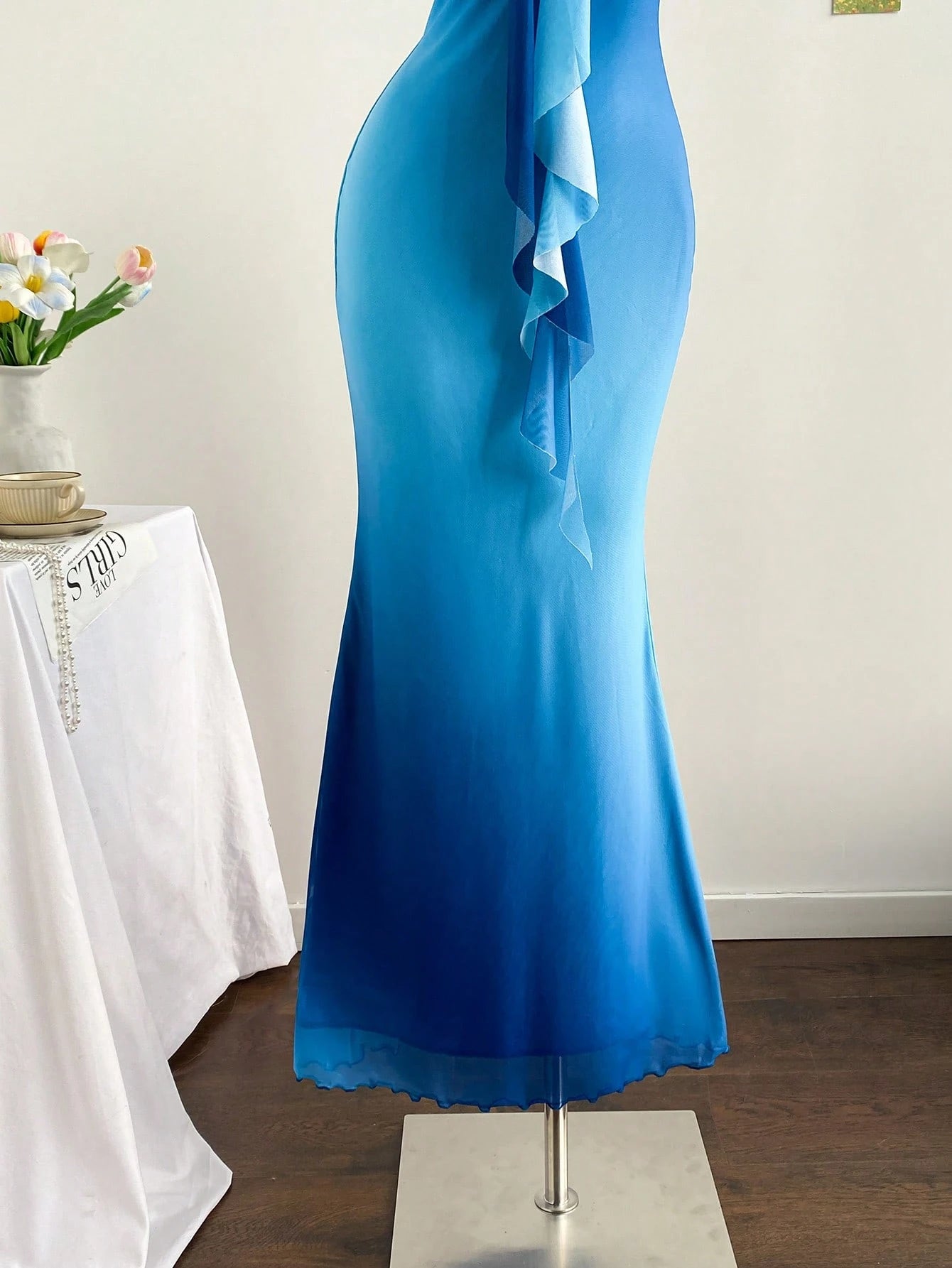 Soleia Women's Sky Blue Elegant Party Night Vacation Knit Mesh Ombre Fitted Halter Tie-Up Metal Buckle Decor Fishtail Maxi Dress, No Chest Padding