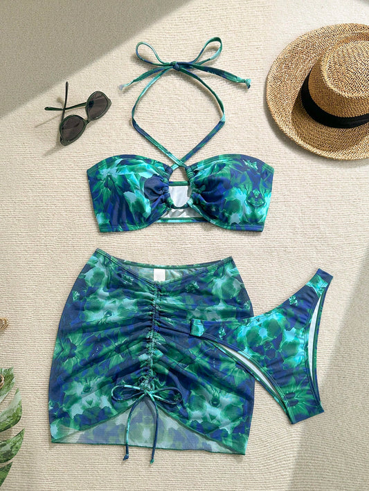 Soleia Women's Summer Blue Floral Bikini Swimsuit Set,Halter Tie Bathing Suits With Cover Up Half Skirt,Casual Holiday Vacation Holiday Beach Outfits