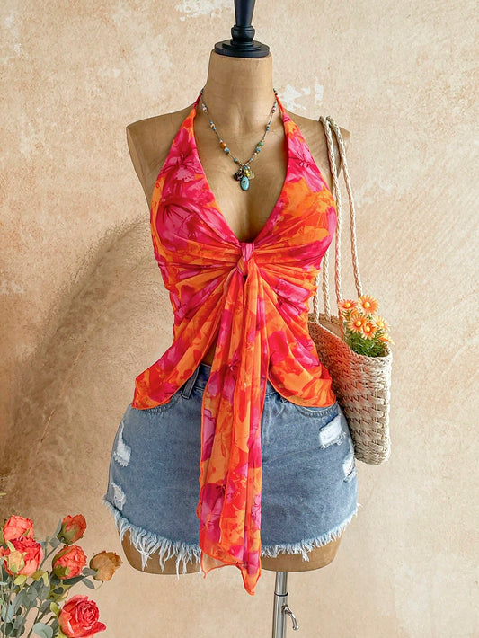 Soleia Women's Summer Vacation Floral Print Tie Front Halter Neck Camisole,Summer Top,No Chest Padding