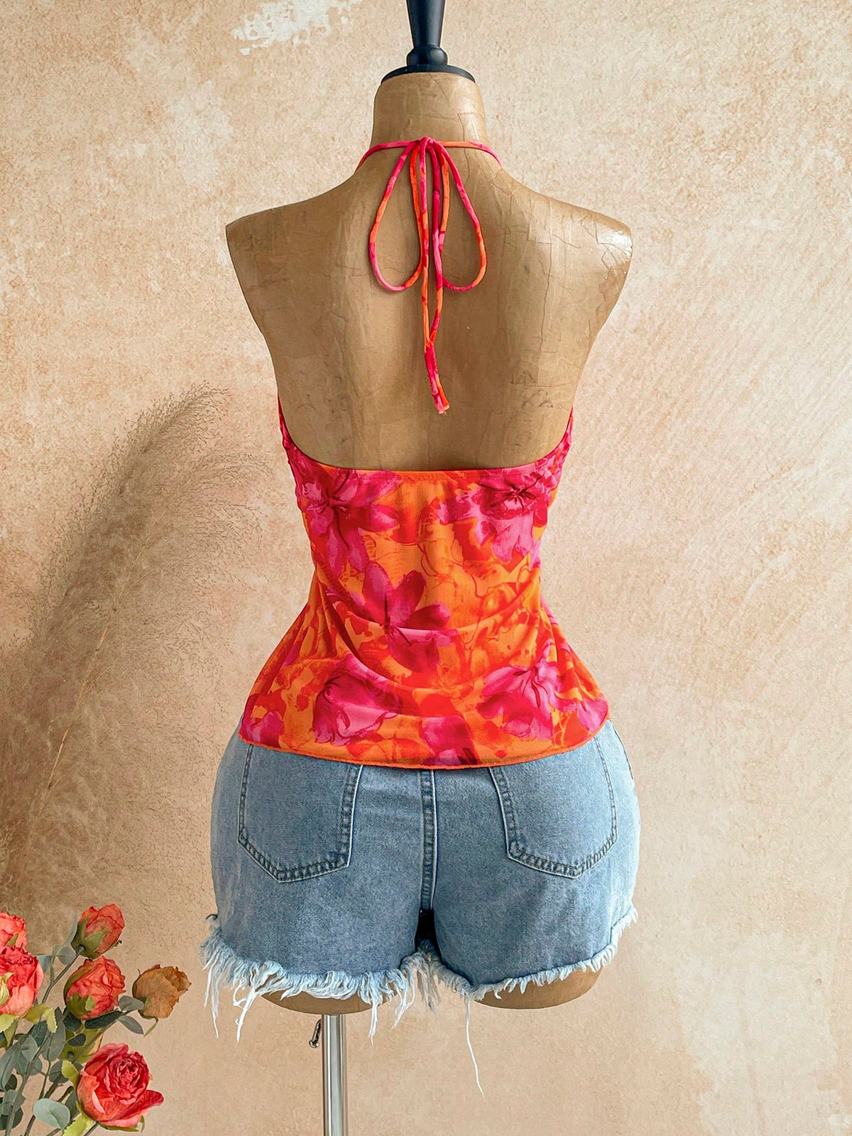 Soleia Women's Summer Vacation Floral Print Tie Front Halter Neck Camisole,Summer Top,No Chest Padding