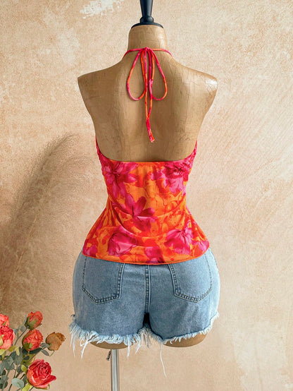 Soleia Women's Summer Vacation Floral Print Tie Front Halter Neck Camisole,Summer Top,No Chest Padding