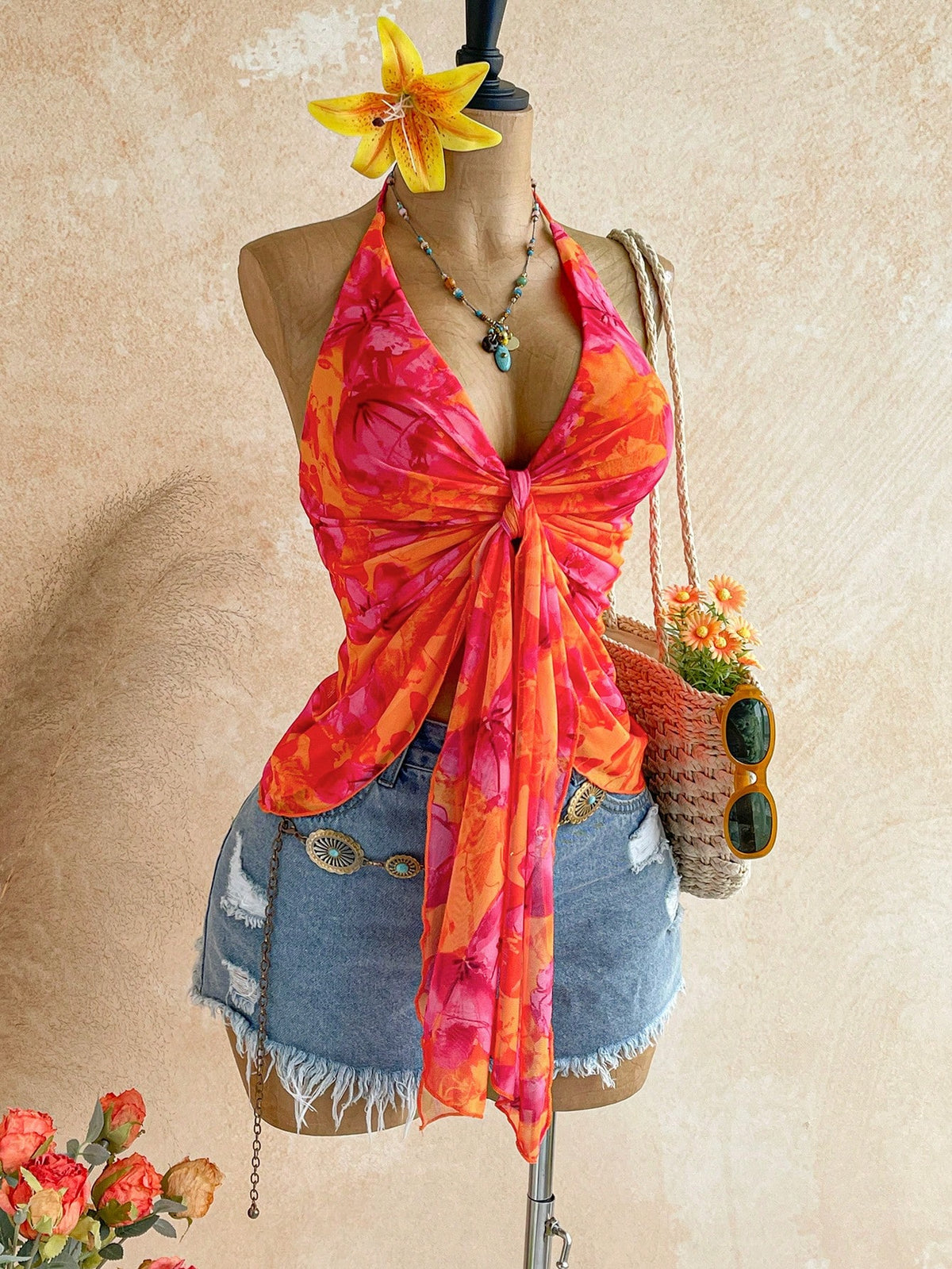 Soleia Women's Summer Vacation Floral Print Tie Front Halter Neck Camisole,Summer Top,No Chest Padding
