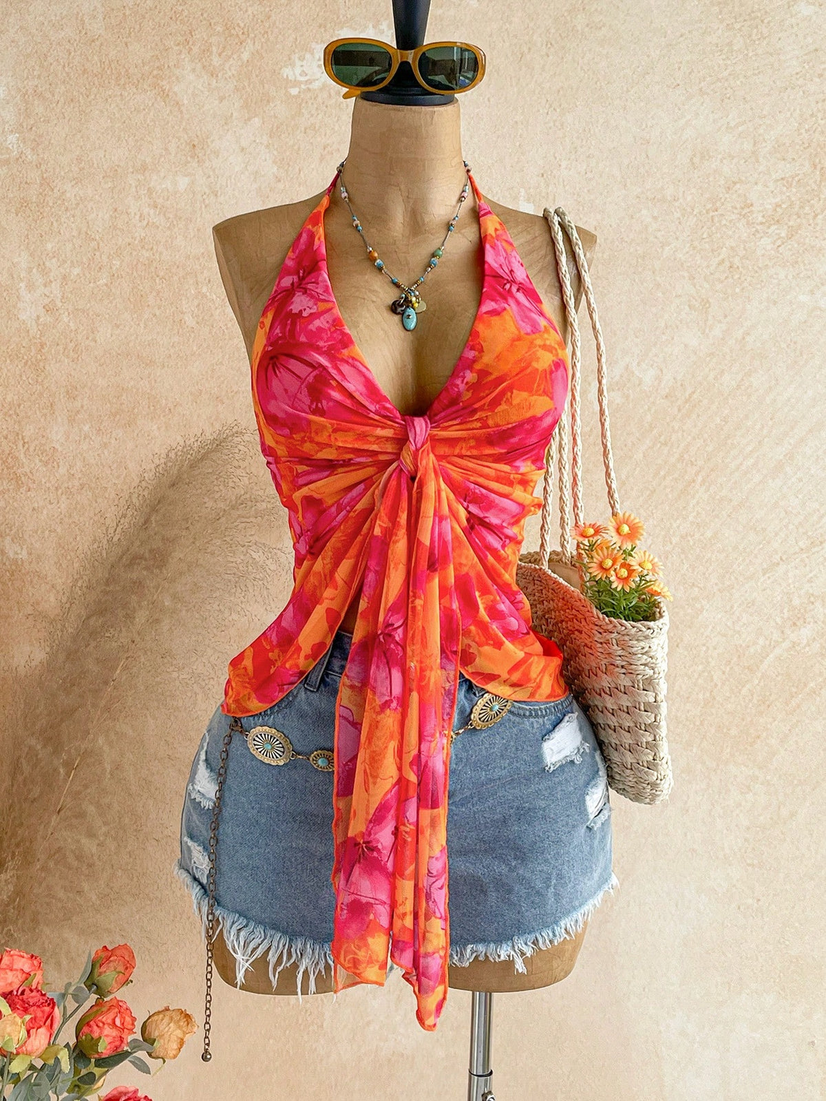 Soleia Women's Summer Vacation Floral Print Tie Front Halter Neck Camisole,Summer Top,No Chest Padding